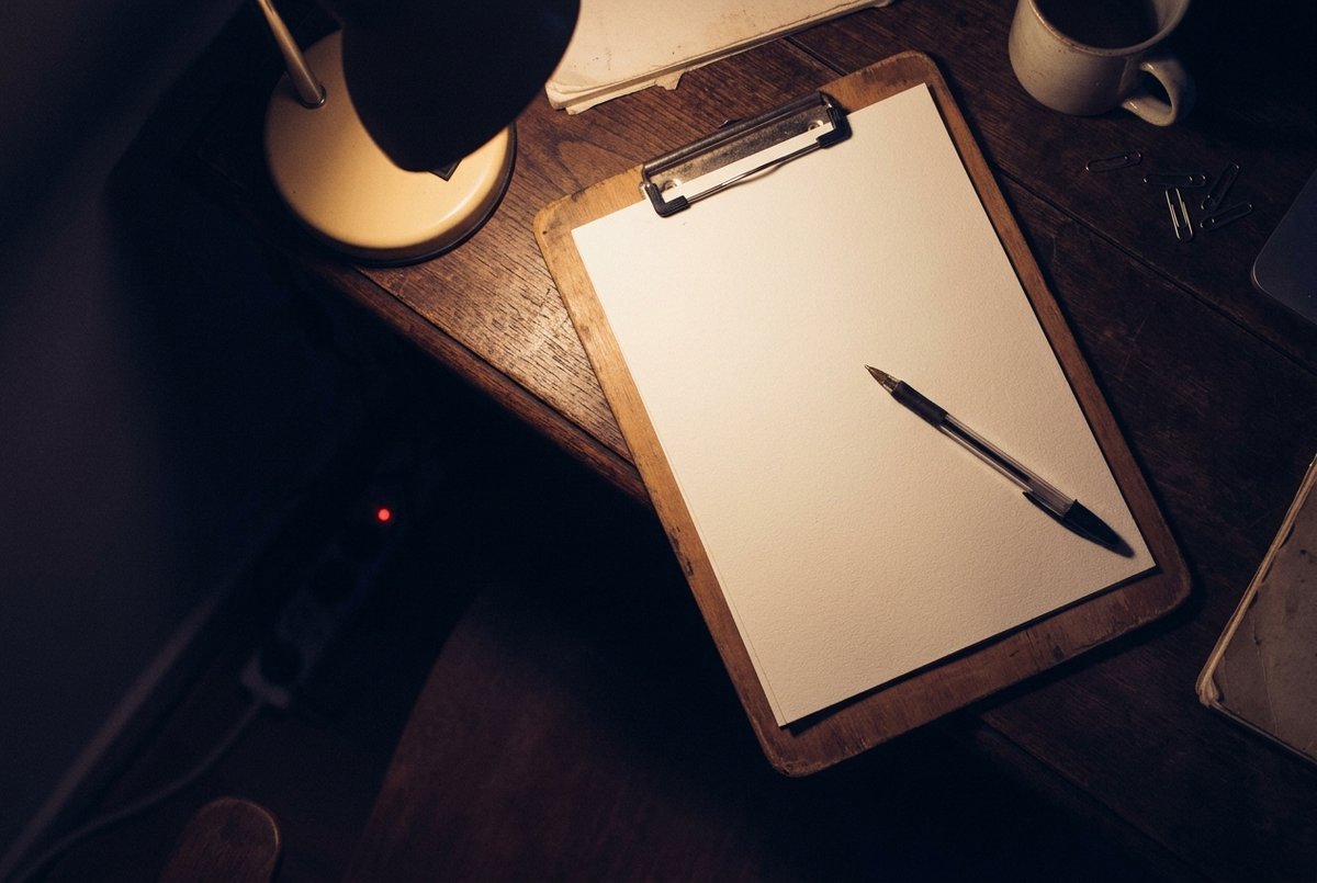 Een houten klembord met een volledig blanco vel papier op een donkere tafel, met een pen er schuin overheen, van bovenaf gezien