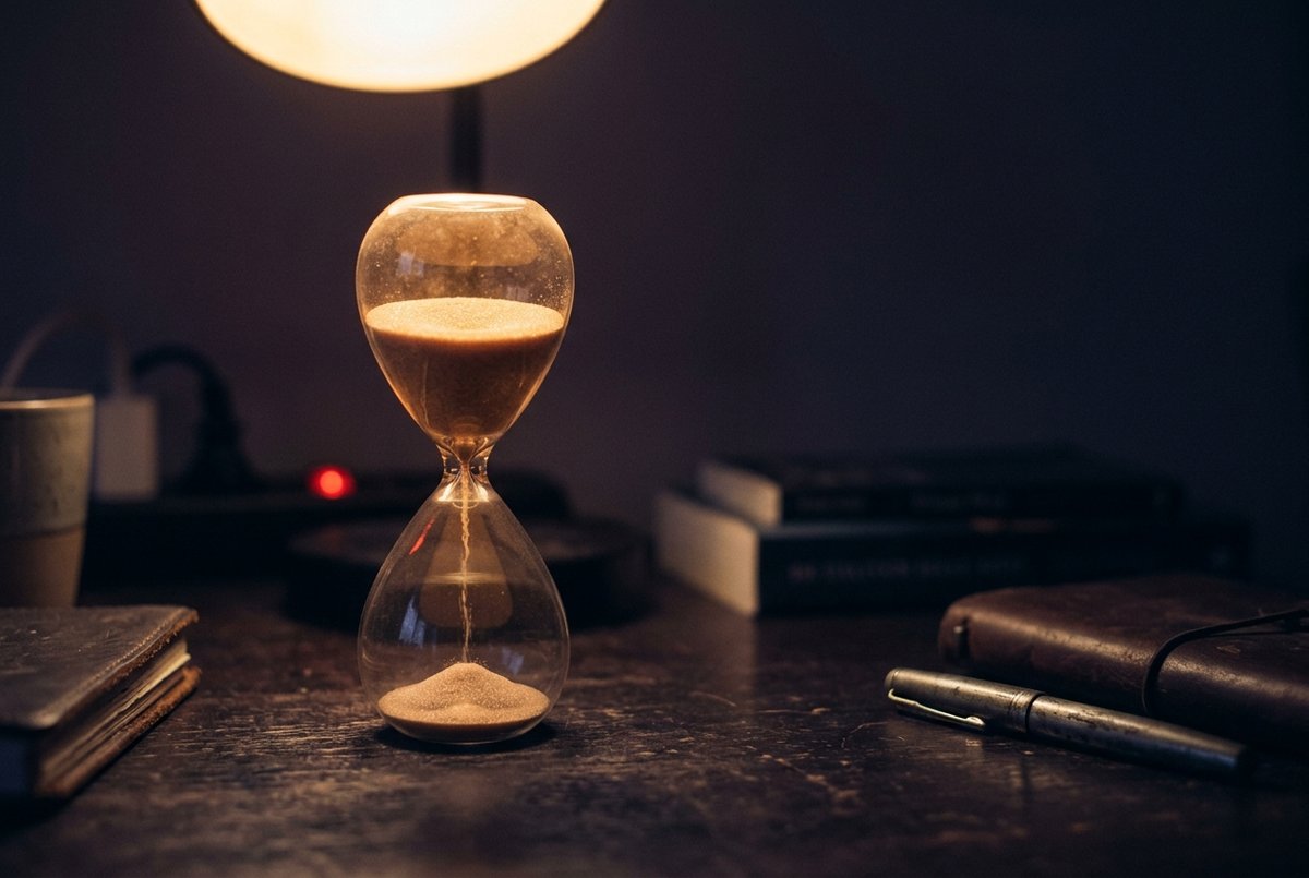Een klein glazen zandlopertje op een donker bureau, met het meeste zand nog in de bovenste bol, van achteren beschenen door een warme lamp