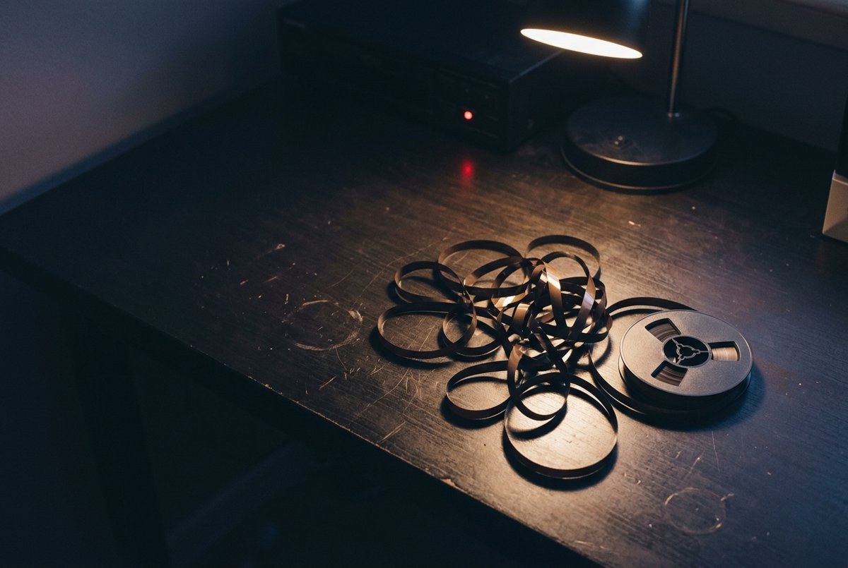 Een losse lus glanzende magneetband die over een donker bureau is uitgerold, naast een klein blanco plastic spoeltje