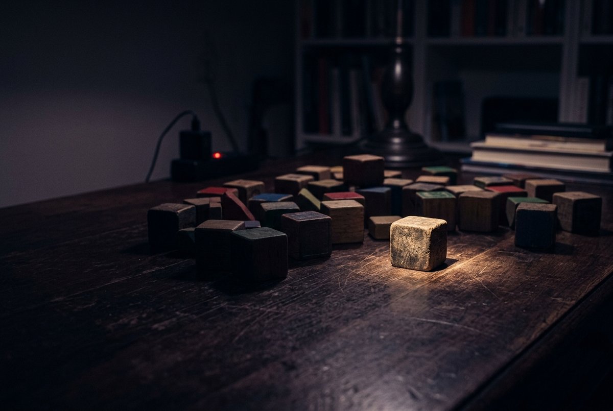 Een losse groep versleten houten blokjes op een donkere tafel, waarvan er één in een smalle bundel warm licht staat en de rest in de schaduw blijft