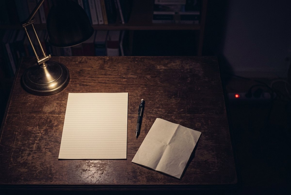 Een gelinieerd vel papier in de lichtkring van een bureaulamp, met een vulpotlood en een opgevouwen tweede vel ernaast, van bovenaf gezien