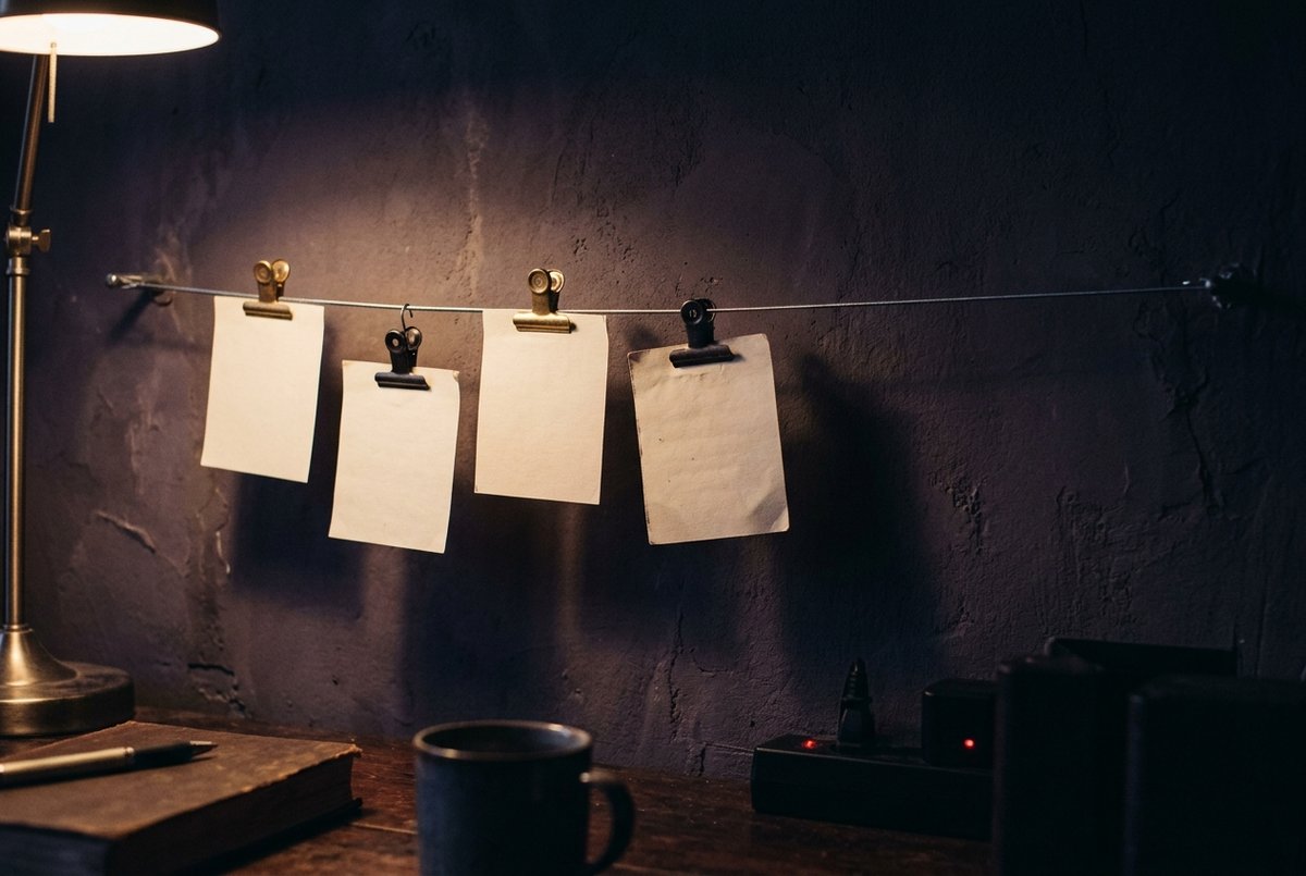 Vier blanco papieren briefjes met knijpertjes aan een gespannen draad voor een donkere muur, op iets verschillende hoogtes