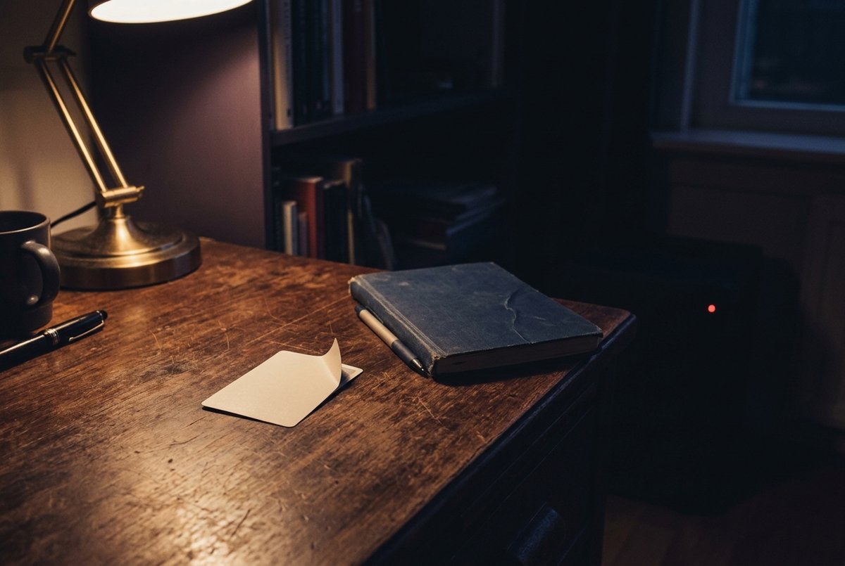 Een blanco kaart die met de tekst naar beneden op een donkere houten tafel ligt, met één hoek iets opgetild, naast een dichtgeslagen notitieboek
