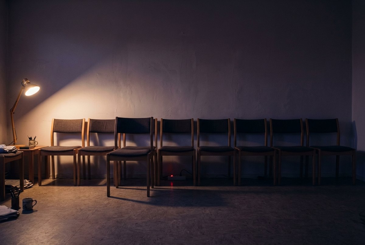 Een rij van acht gelijke stoelen tegen een kale muur in een schemerige ruimte, waarvan er maar twee naar voren zijn getrokken