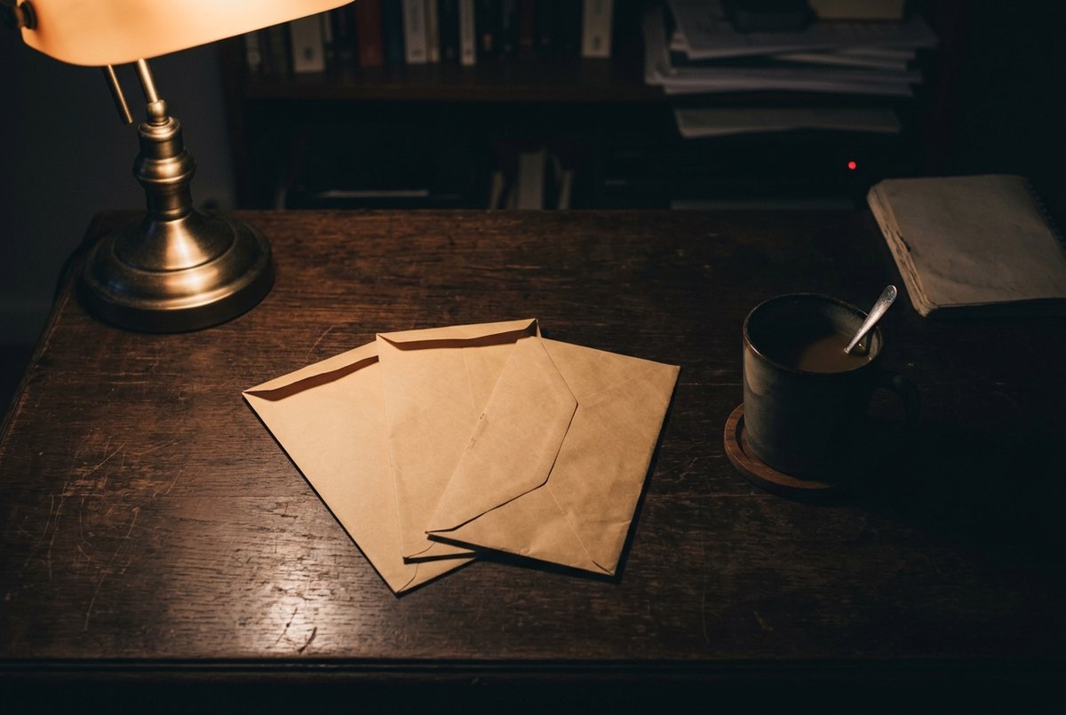 Drie blanco enveloppen uitgewaaierd op een donker bureau naast een afgekoelde kop koffie, van bovenaf gezien