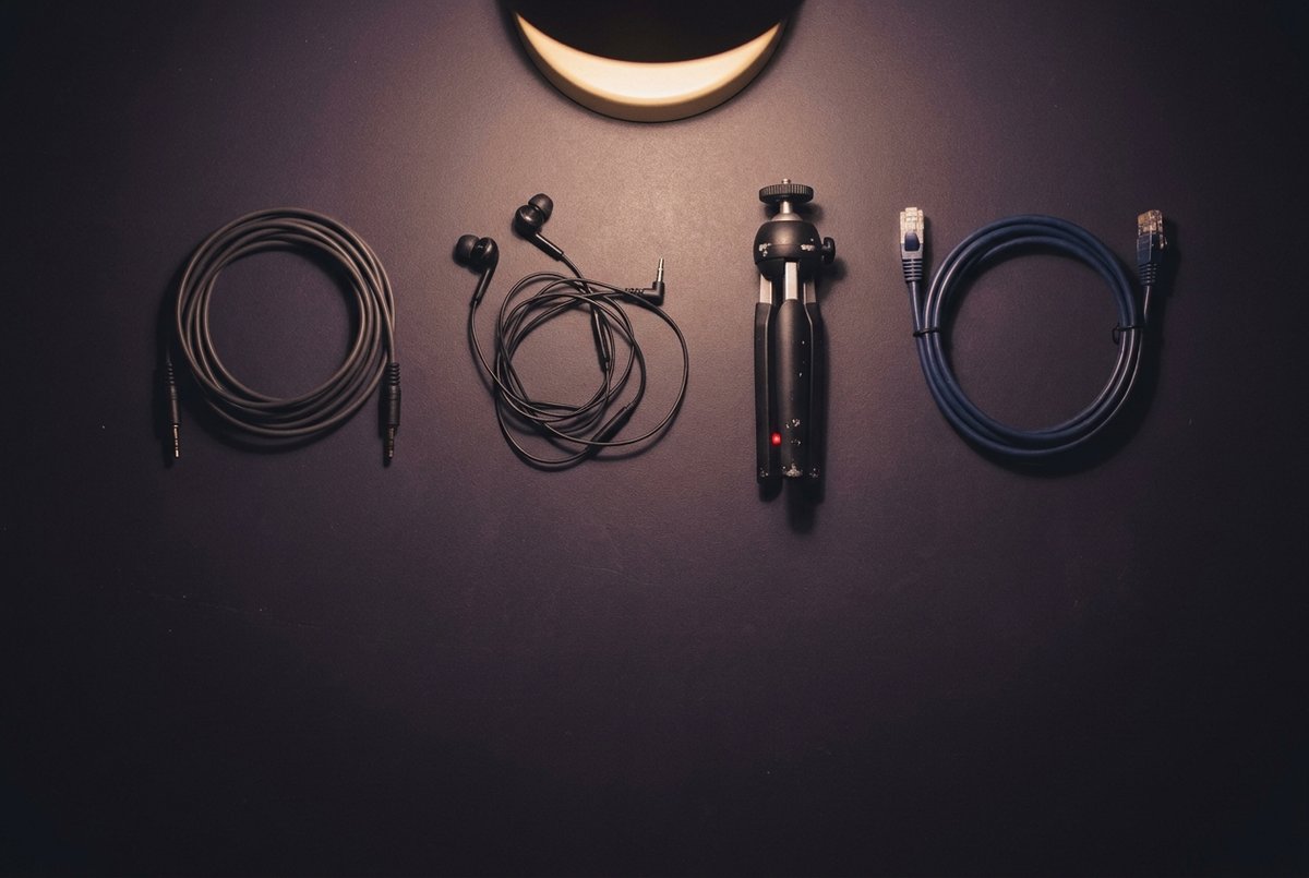Een rij alledaagse opnamespullen op een donkere ondergrond: een opgerolde audiokabel, oordopjes met snoer, een klein opvouwbaar statief en een netwerkkabel