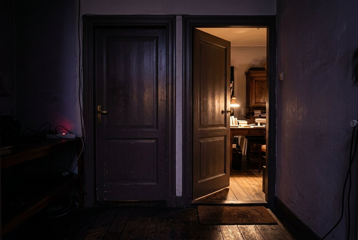 Twee gewone binnendeuren naast elkaar in een schemerige gang, één dicht en één op een kier waar warm licht doorheen valt